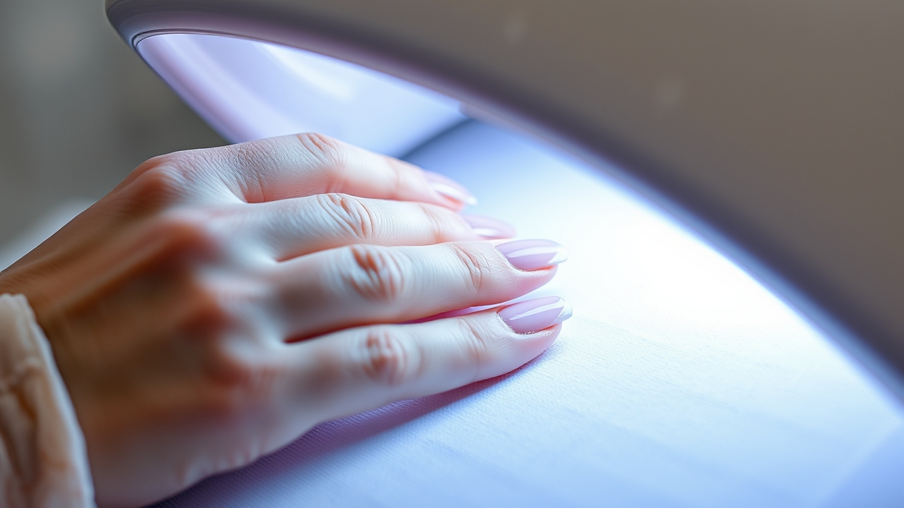 DIY gel manicure step showing base coat application