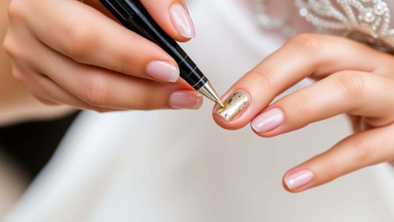 Elegant bridal manicure featuring a subtle gold accent – simple wedding nails